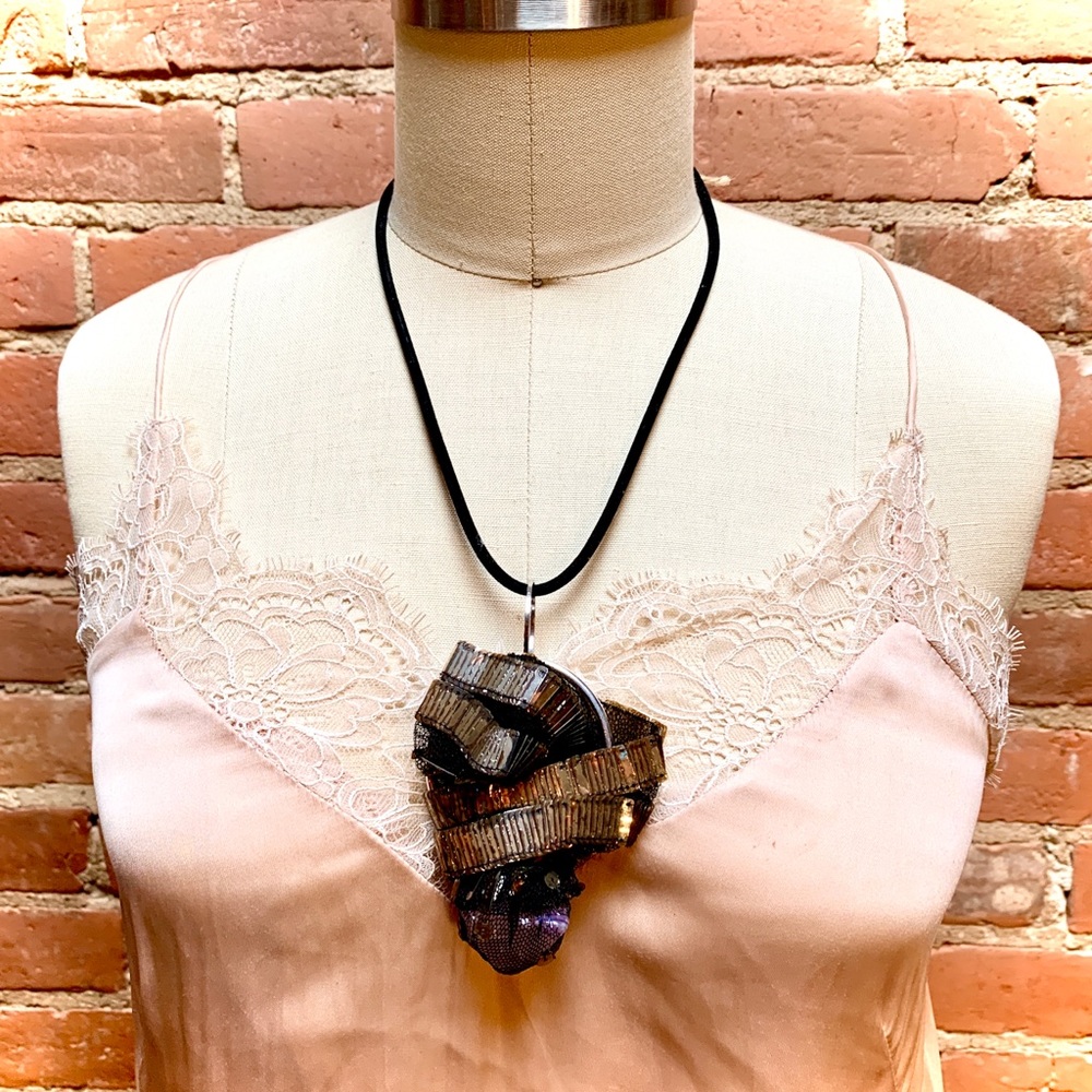 Vintage Rose Quartz & Black Mesh Handmade One Of A Kind Boho Festival Necklace